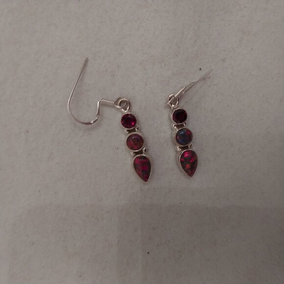 New 1 Inch Dangle Garnet and Fire Opal 925 Sterling Silver Earrings - Picture 2 of 5